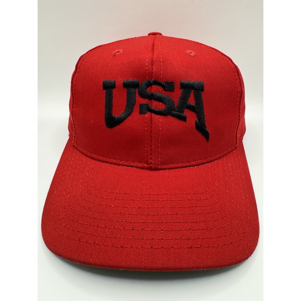 VTG USA Snapback Hat Red Black Script Logo Made In USA Cap